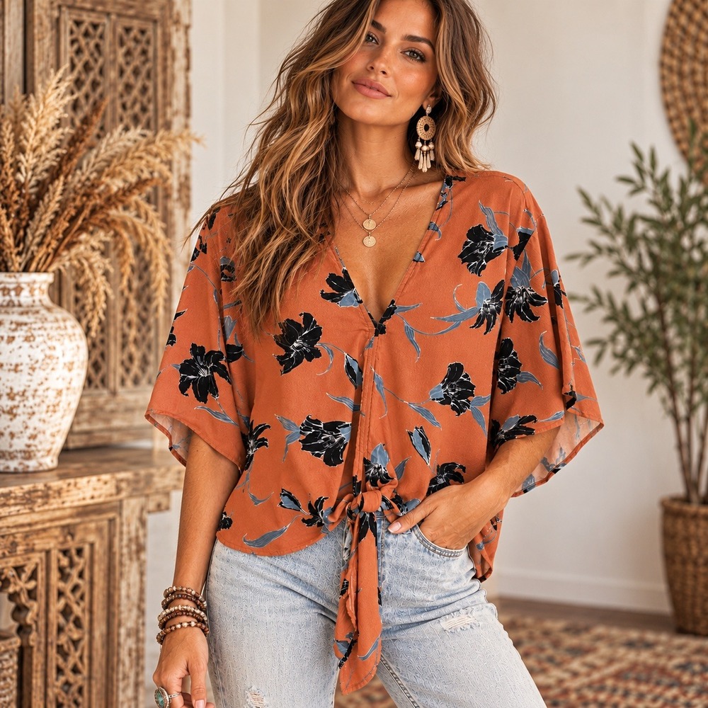 By Together Floral Tie Front Crop Flowy Terracotta Orange V-Neck Blouse Large